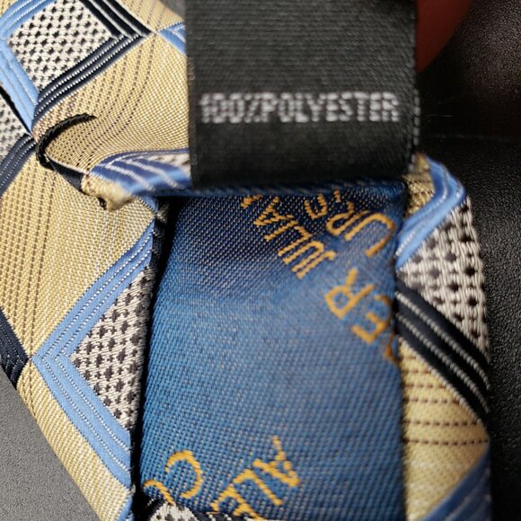 Alexander Julian Colours Geometric Polyester Tie Blue Tan Check Pattern 58"x4" - Picture 6 of 7